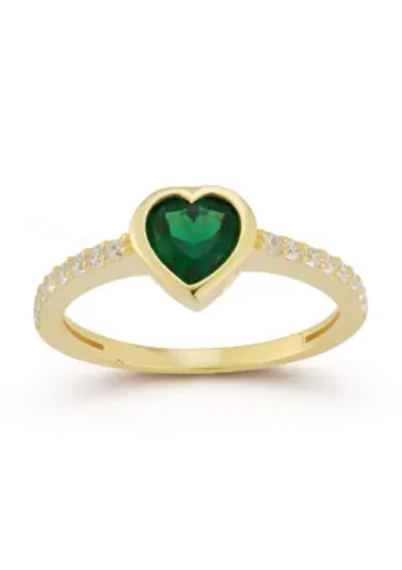 Sterling Silver Green and White Cubic Zirconia Heart Ring