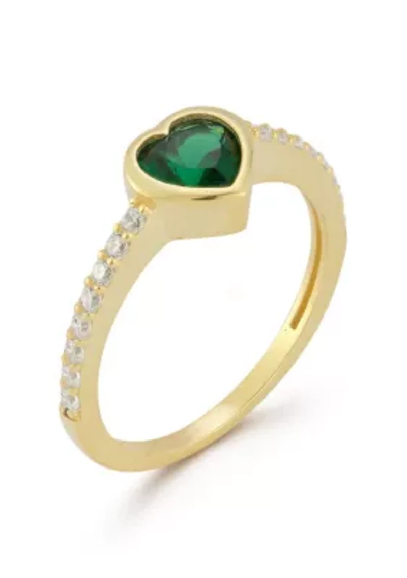Sterling Silver Green and White Cubic Zirconia Heart Ring