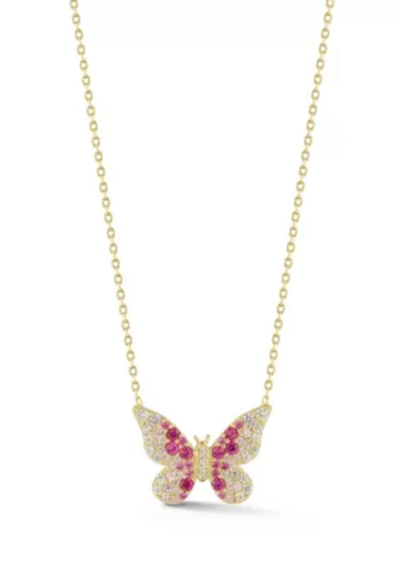 Sterling Silver Ombre Pink Cubic Zirconia Butterfly Pendant Necklace