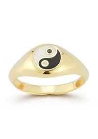 Sterling Silver Cubic Zirconia and Enamel Yin Yang Signet Ring