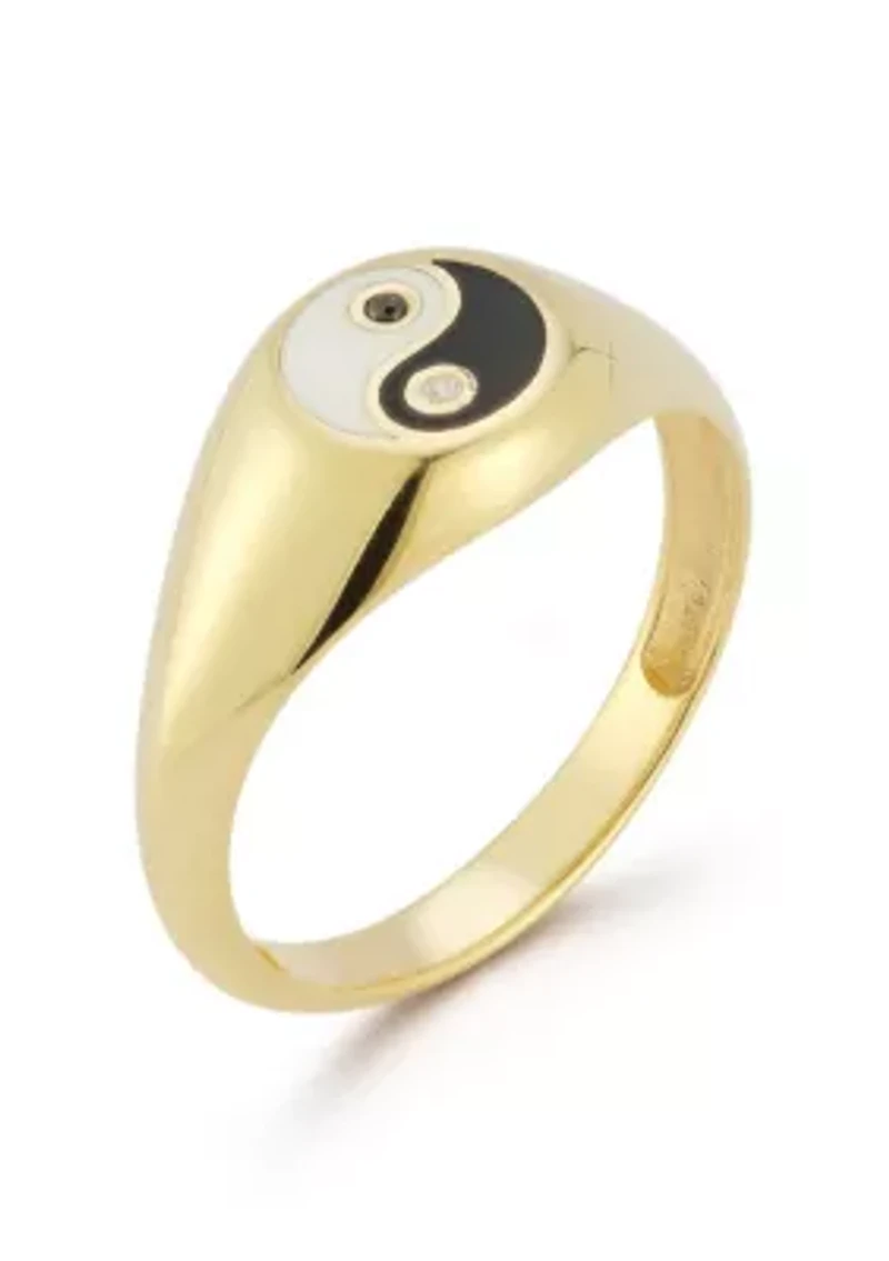 Sterling Silver Cubic Zirconia and Enamel Yin Yang Signet Ring