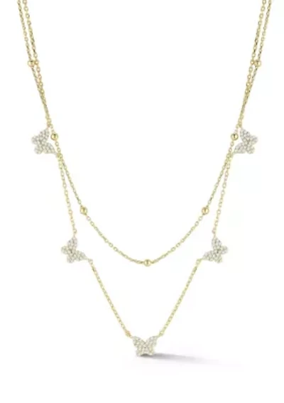 Sterling Silver Cubic Zirconia Pave Double Layer Butterfly Station Necklace