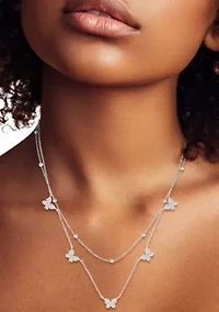 Sterling Silver Cubic Zirconia Pave Double Layer Butterfly Station Necklace