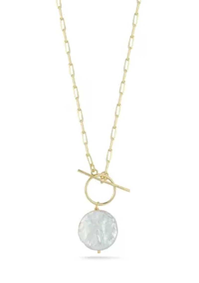Sterling Silver Pearl Pendant Toggle Closure Necklace with Paperclip Chain