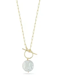 Sterling Silver Pearl Pendant Toggle Closure Necklace with Paperclip Chain