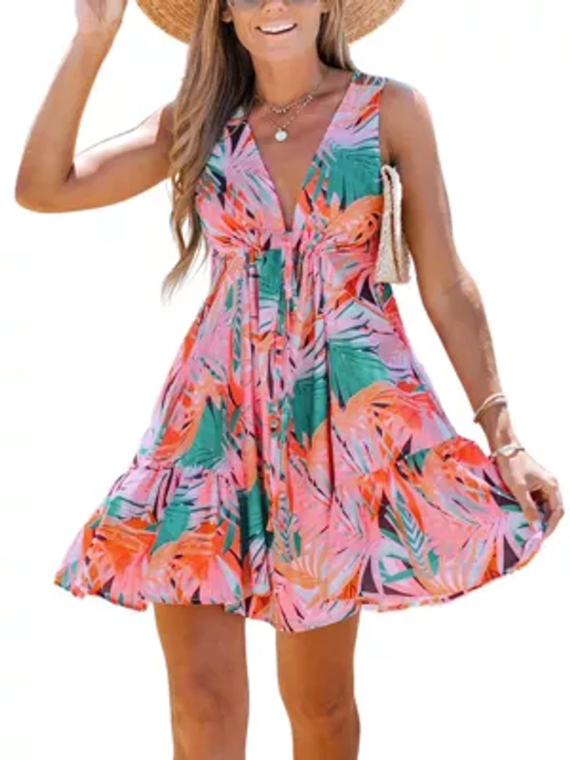 Women's Tropical Floral Print Wrap Dress with Flared Skirt - Cupshe