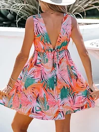 Women's Tropical Floral Print Wrap Dress with Flared Skirt - Cupshe