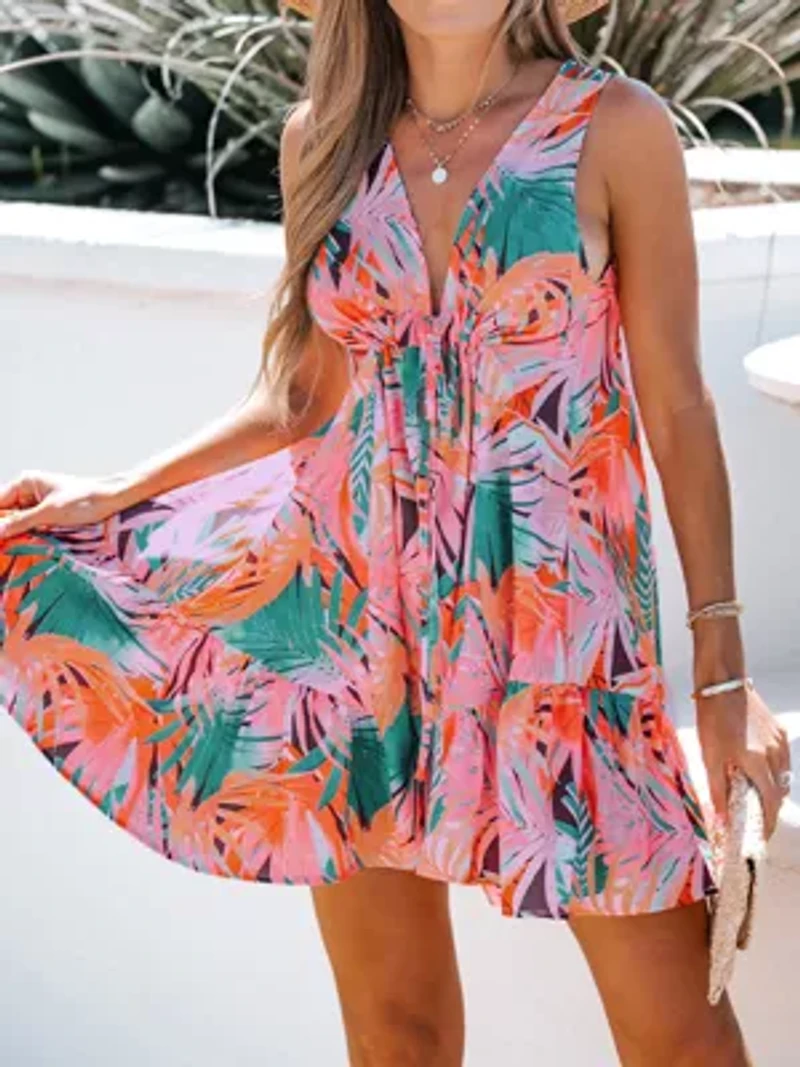 Women's Tropical Floral Print Wrap Dress with Flared Skirt - Cupshe