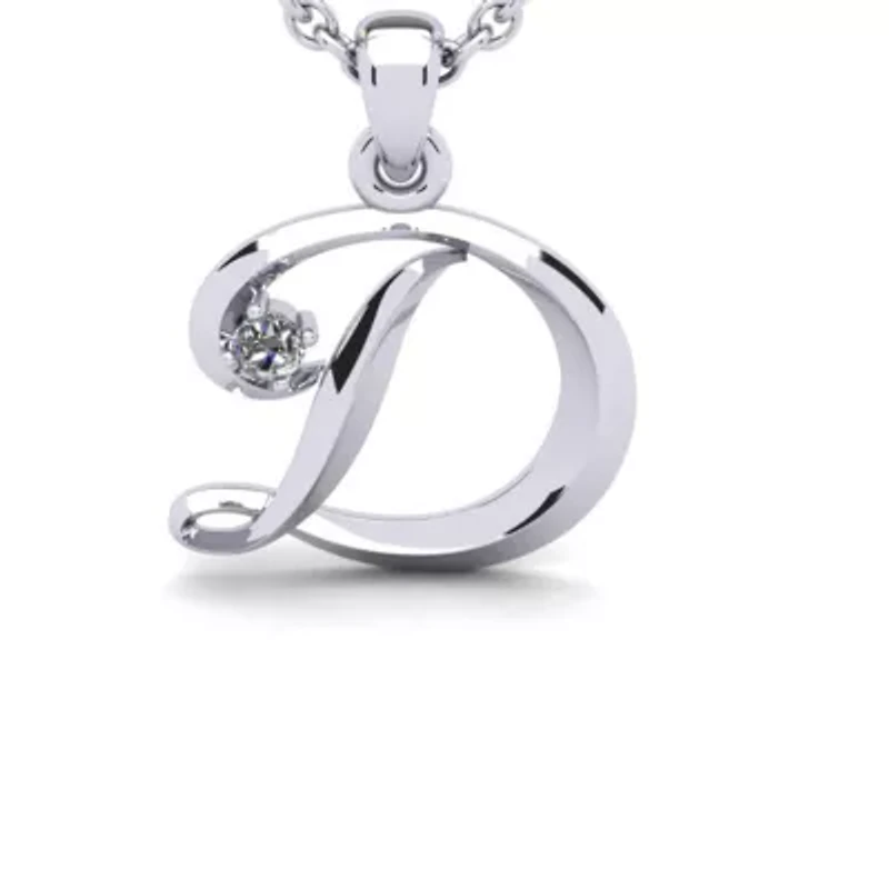 Lab Created Script Initial Necklace With One Grown Diamond, Solid Sterling Silver, All Letters Available