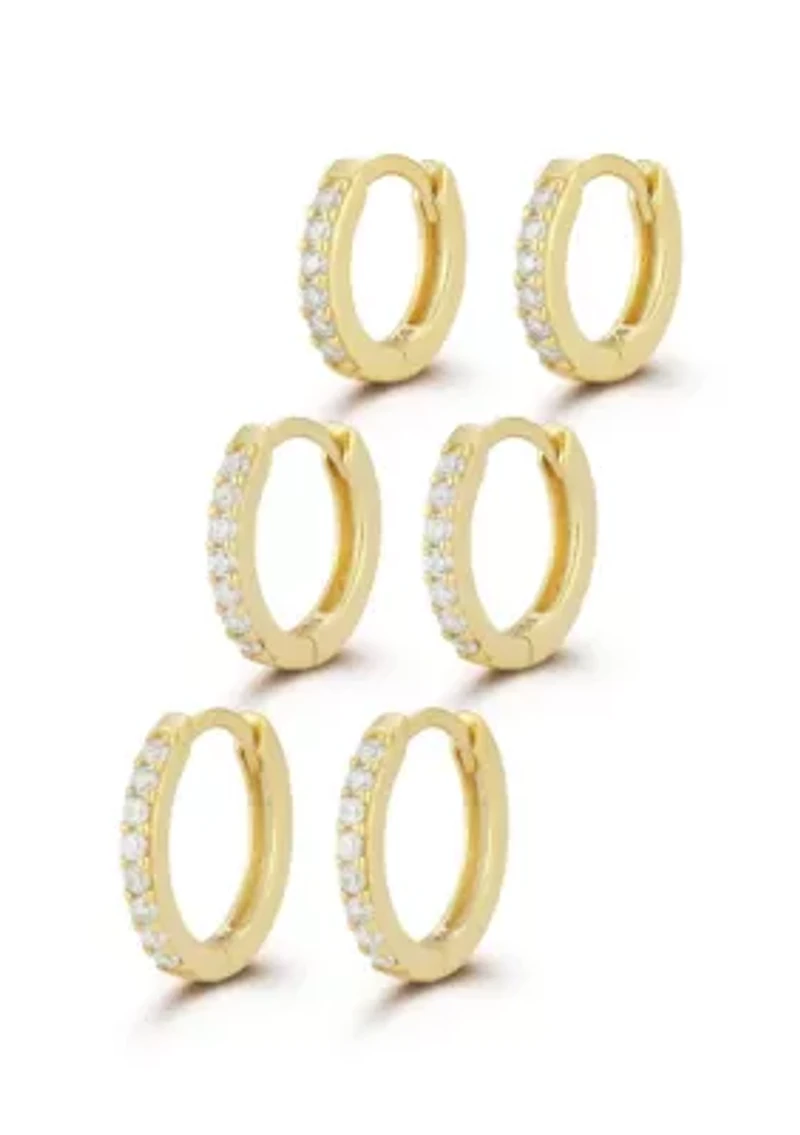 Sterling Silver Cubic Zirconia Pave Huggie Hoop Earring 3 Pair Set