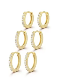 Sterling Silver Cubic Zirconia Pave Huggie Hoop Earring 3 Pair Set