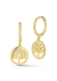 Sterling Silver Cubic Zirconia Tree Charm Huggie Hoop Earrings