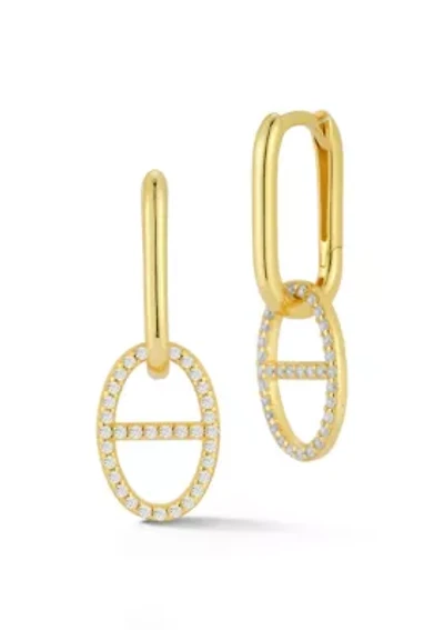 Sterling Silver Cubic Zirconia Pave Mariner Link Drop Huggie Hoop Earrings