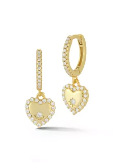 Sterling Silver Cubic Zirconia Heart Charm Huggie Hoop Earrings