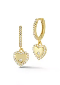 Sterling Silver Cubic Zirconia Heart Charm Huggie Hoop Earrings