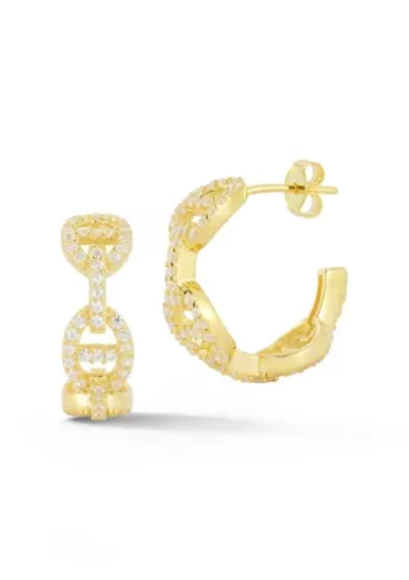 Sterling Silver Cubic Zirconia Pave Mariner Link Hoop Earrings