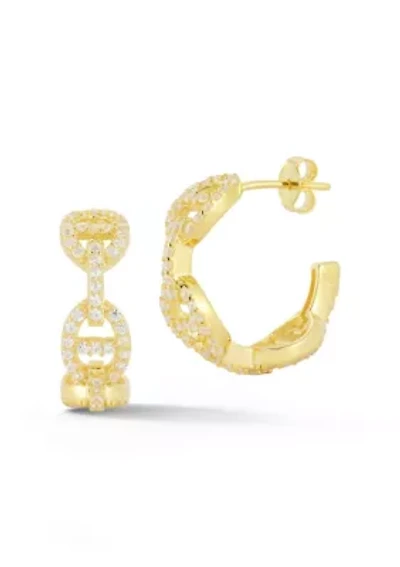 Sterling Silver Cubic Zirconia Pave Mariner Link Hoop Earrings