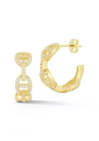 Sterling Silver Cubic Zirconia Pave Mariner Link Hoop Earrings