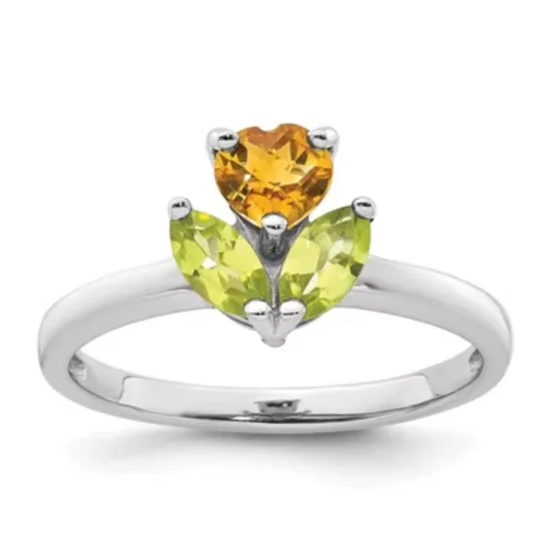 1/2 ct. t.w. Peridot and 1/3 Citrine Polished Flower Ring Rhodium-plated Sterling Silver