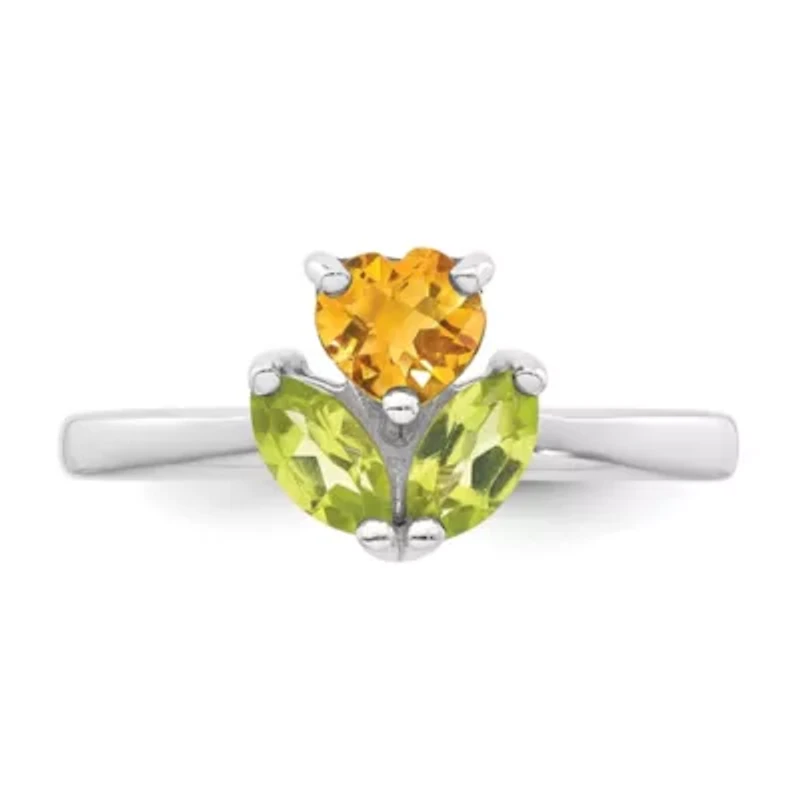 1/2 ct. t.w. Peridot and 1/3 Citrine Polished Flower Ring Rhodium-plated Sterling Silver