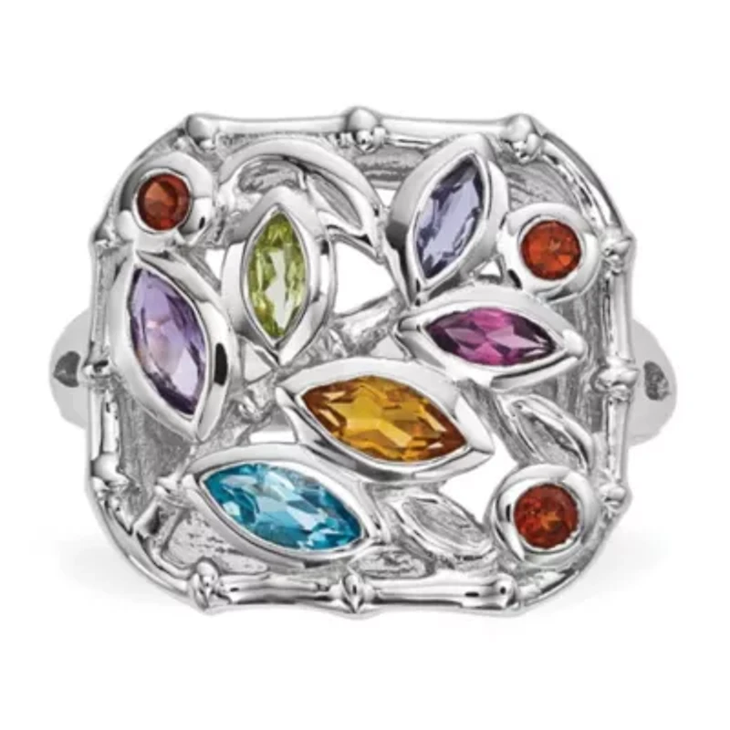 1/8 ct. t.w. Blue Topaz, 1/10 Amethyst, Citrine, 0.075 Peridot, 0.094 Rhodolite Garnet, 0.058 Iolite and Garnet Ring Rhodium-plated Sterling Silver