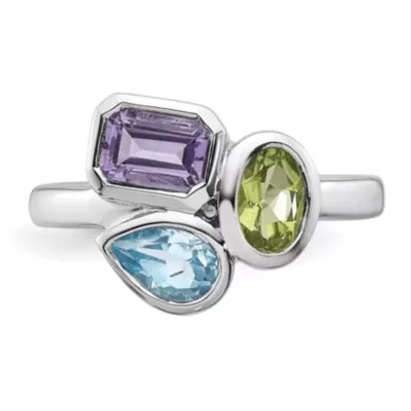 1/2 ct. t.w. Amethyst, 3/8 Blue Topaz and Peridot Polished Ring Rhodium-plated Sterling Silver