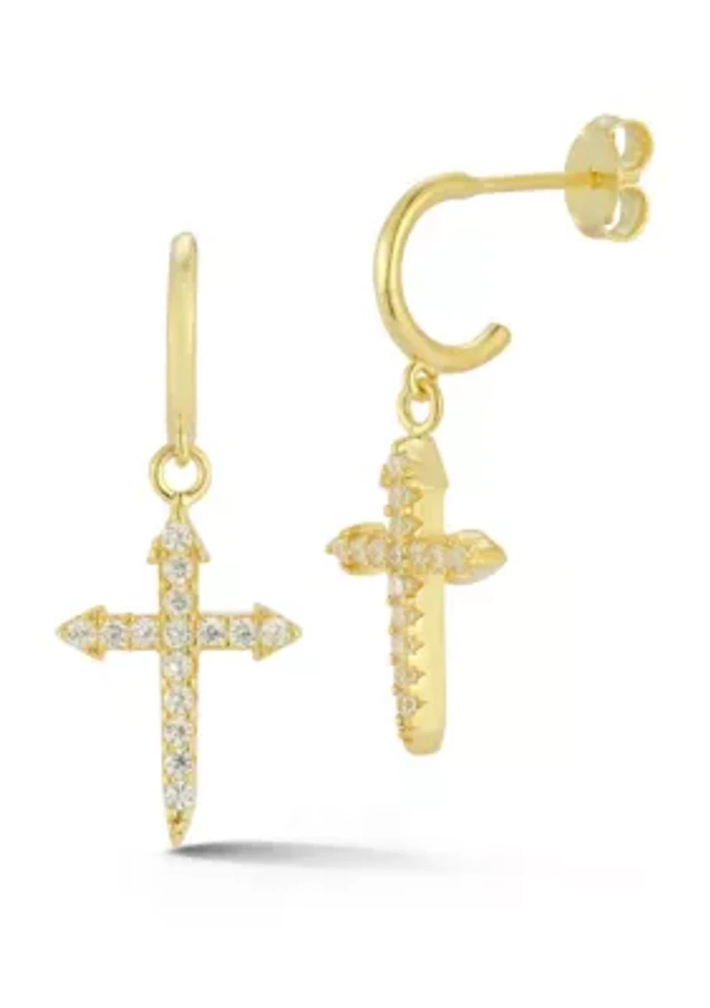 Sterling Silver Cubic Zirconia Pointy Cross Charm Hoop Earrings