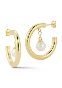 Sterling Silver Pearl Dangle Hoop Earrings