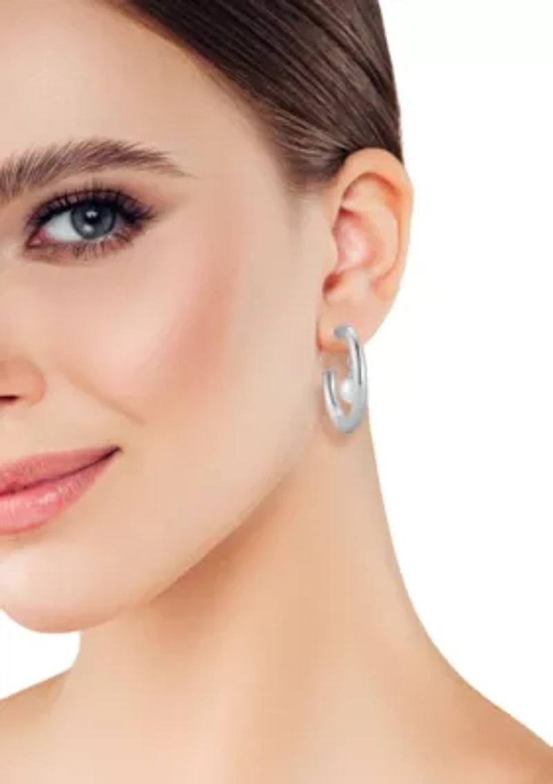 Sterling Silver Pearl Dangle Hoop Earrings