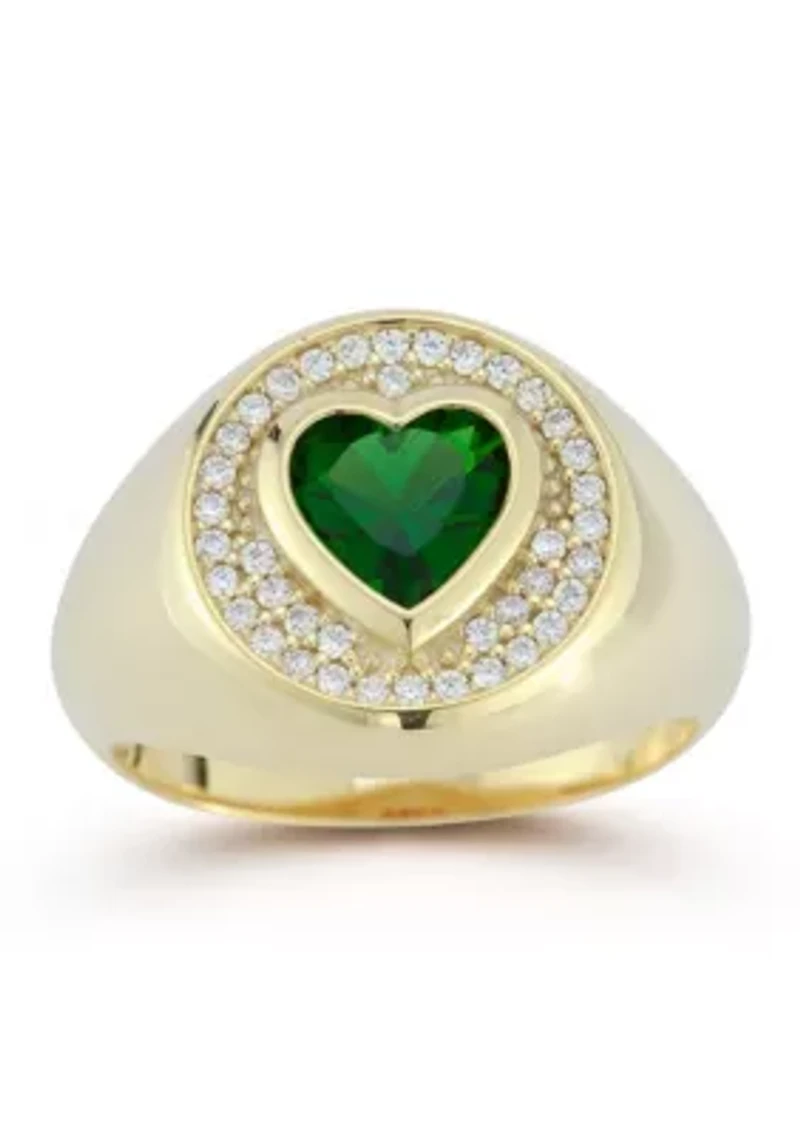 Sterling Silver Green Cubic Zirconia Heart Signet Ring