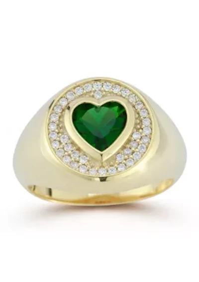 Sterling Silver Green Cubic Zirconia Heart Signet Ring