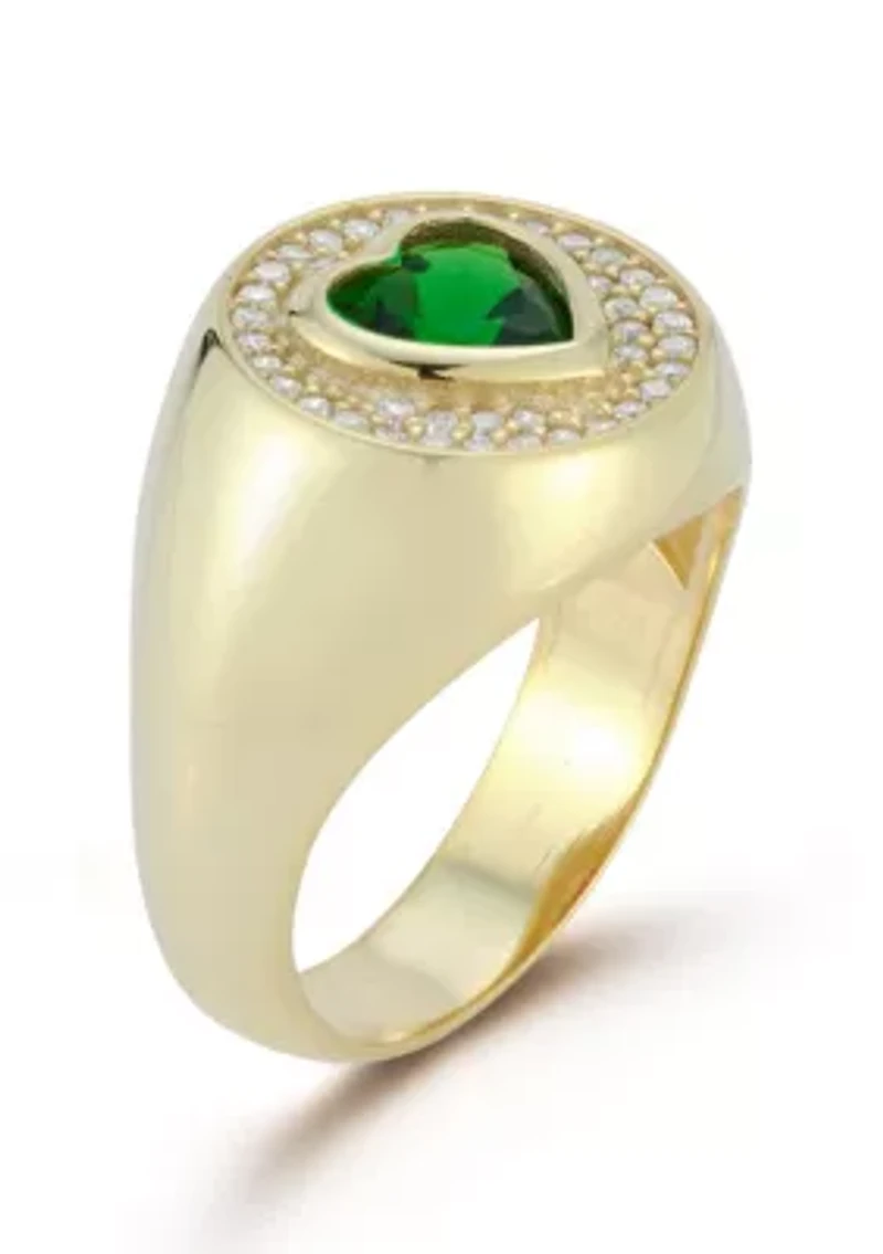 Sterling Silver Green Cubic Zirconia Heart Signet Ring
