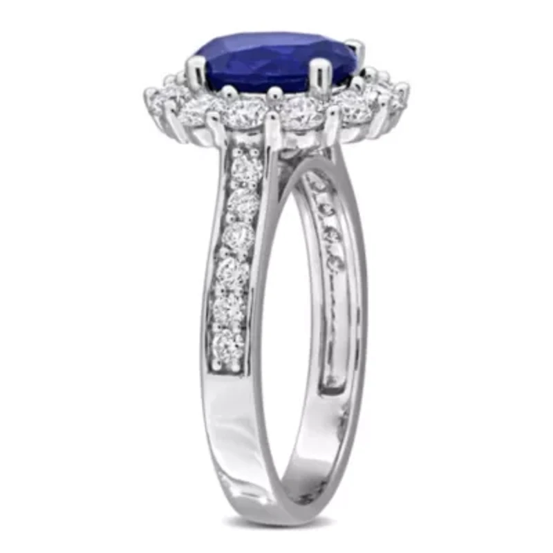 Lab Created Grown Diamond & Blue Sapphire Halo Ring Sterling Silver