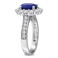 Lab Created Grown Diamond & Blue Sapphire Halo Ring Sterling Silver