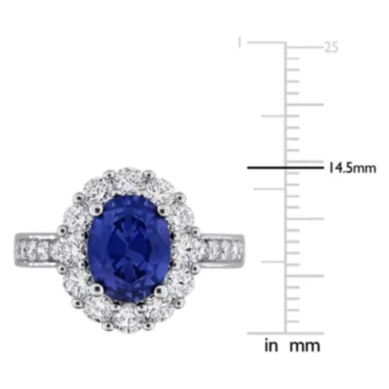 Lab Created Grown Diamond & Blue Sapphire Halo Ring Sterling Silver
