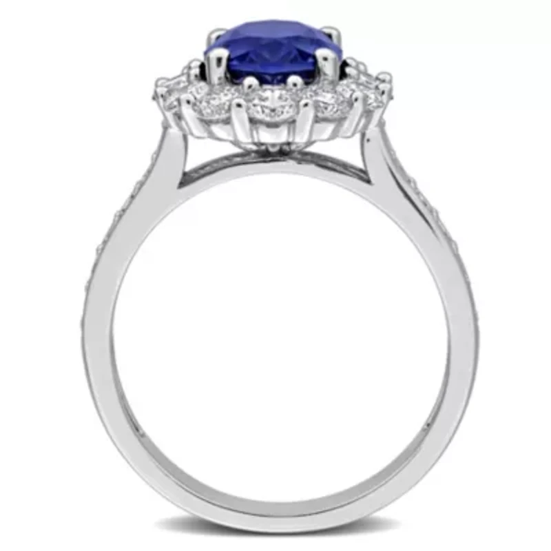 Lab Created Grown Diamond & Blue Sapphire Halo Ring Sterling Silver
