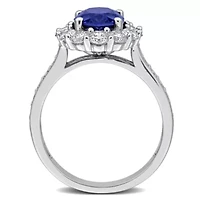 Lab Created Grown Diamond & Blue Sapphire Halo Ring Sterling Silver