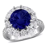 Lab Created Grown Diamonds & Blue Sapphire Halo Ring Sterling Silver
