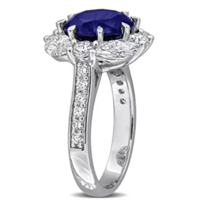 Lab Created Grown Diamonds & Blue Sapphire Halo Ring Sterling Silver