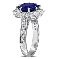 Lab Created Grown Diamonds & Blue Sapphire Halo Ring Sterling Silver