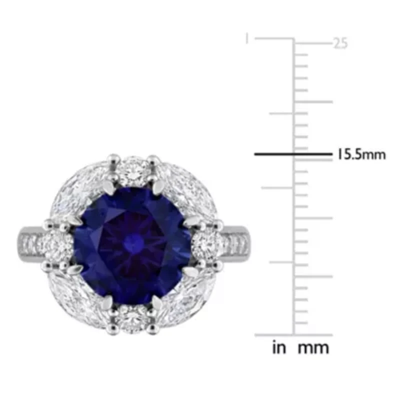 Lab Created Grown Diamonds & Blue Sapphire Halo Ring Sterling Silver