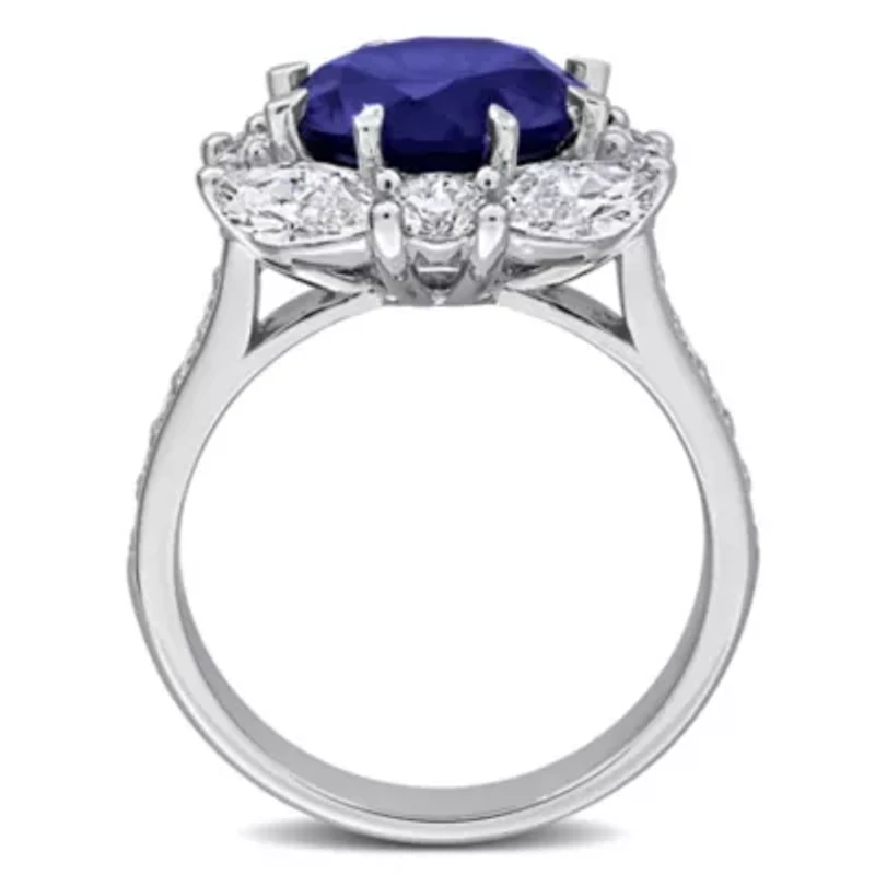 Lab Created Grown Diamonds & Blue Sapphire Halo Ring Sterling Silver