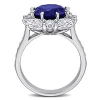Lab Created Grown Diamonds & Blue Sapphire Halo Ring Sterling Silver