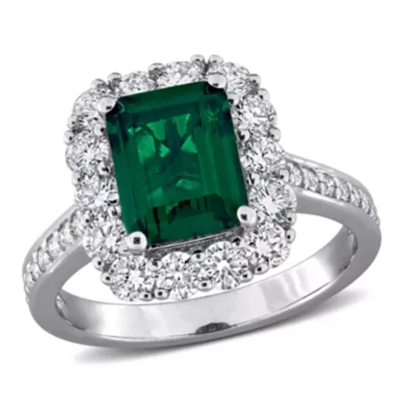 Lab Created Grown Diamond & Emerald Engagement Ring Sterling Silver