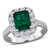 Lab Created Grown Diamond & Emerald Engagement Ring Sterling Silver