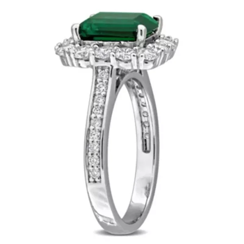 Lab Created Grown Diamond & Emerald Engagement Ring Sterling Silver
