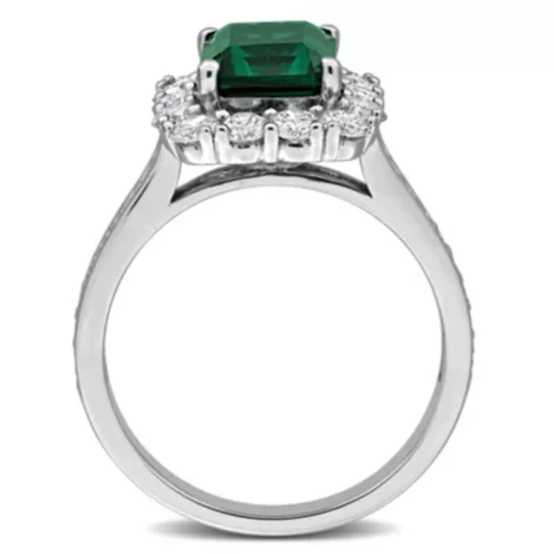 Lab Created Grown Diamond & Emerald Engagement Ring Sterling Silver