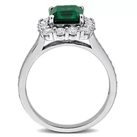Lab Created Grown Diamond & Emerald Engagement Ring Sterling Silver