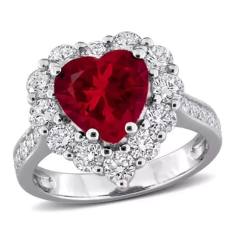Lab Created Grown Diamond & Ruby Ring Sterling Silver