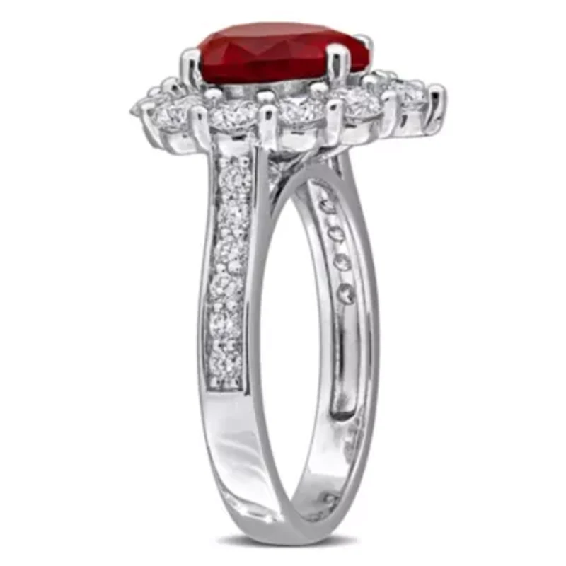 Lab Created Grown Diamond & Ruby Ring Sterling Silver